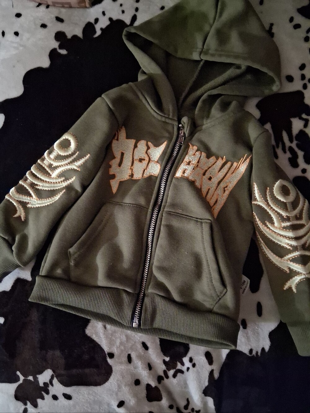 Source Unknown Olive Green Hoodie with Gold Stitch Embellishments